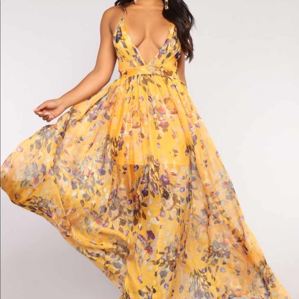 Fashion Nova Floral Maxi Dress - Mustard